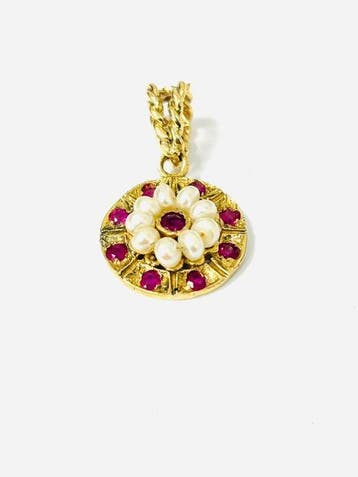 Hanger - 14 karaat Geel goud - 0.70ct. tw. Robijn - Parel -