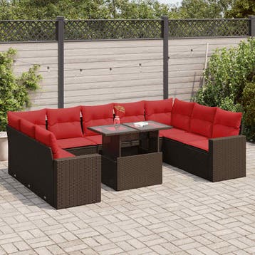 vidaXL 10-delige tuinbankset met kussens, bruin polyrotan en, Verzenden, Nieuw
