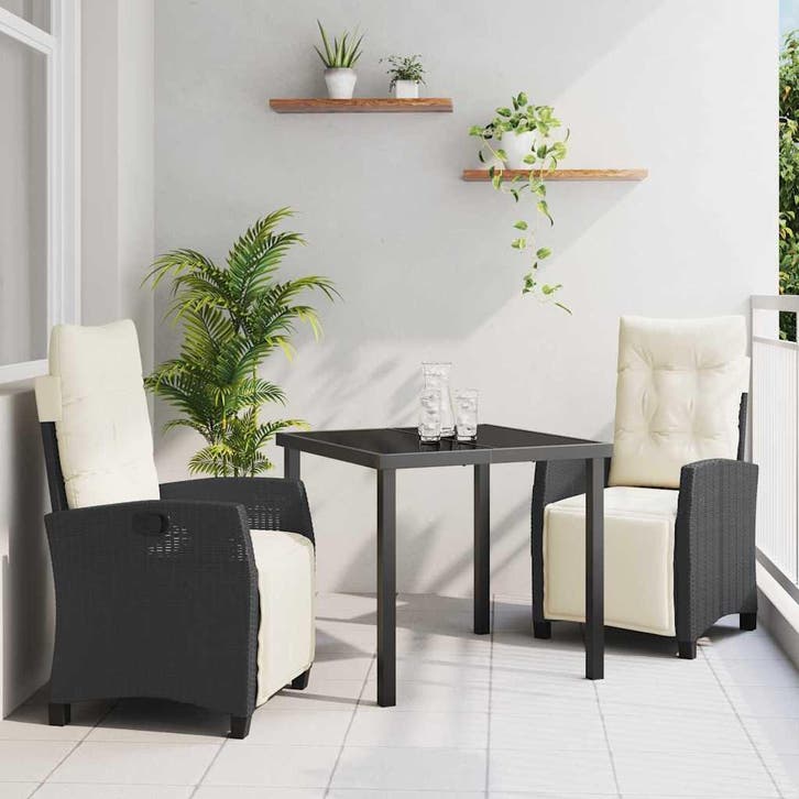 vidaXL Tuin Eettafel Set met kussen 3 pcs Zwart poly rattan, Tuin en Terras, Tuinsets en Loungesets, Nieuw, Verzenden