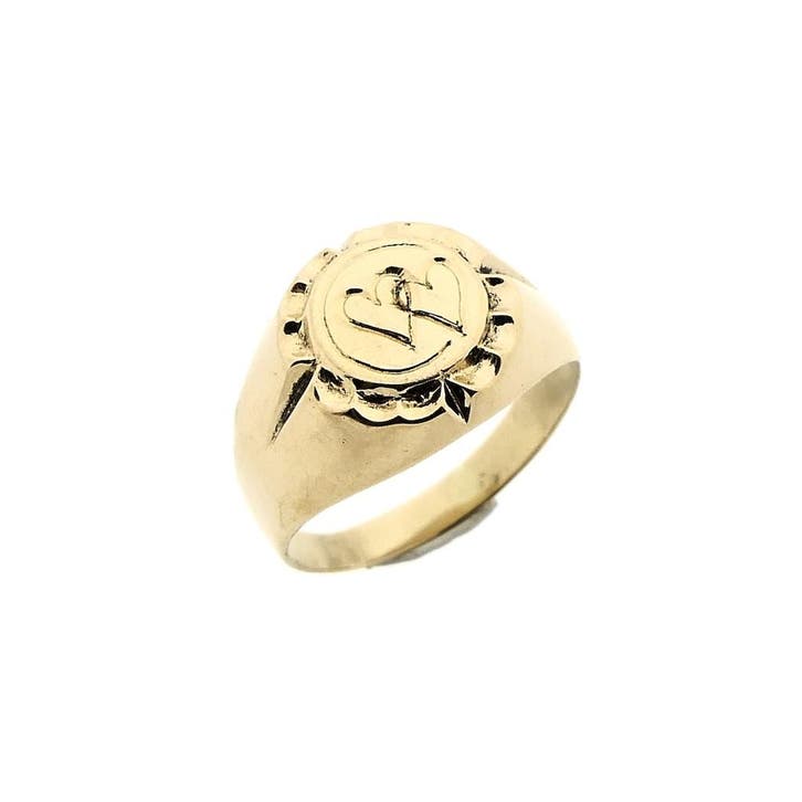 Gouden heren pinkring met harten gravering, Bijoux, Sacs & Beauté, Bagues, Enlèvement ou Envoi