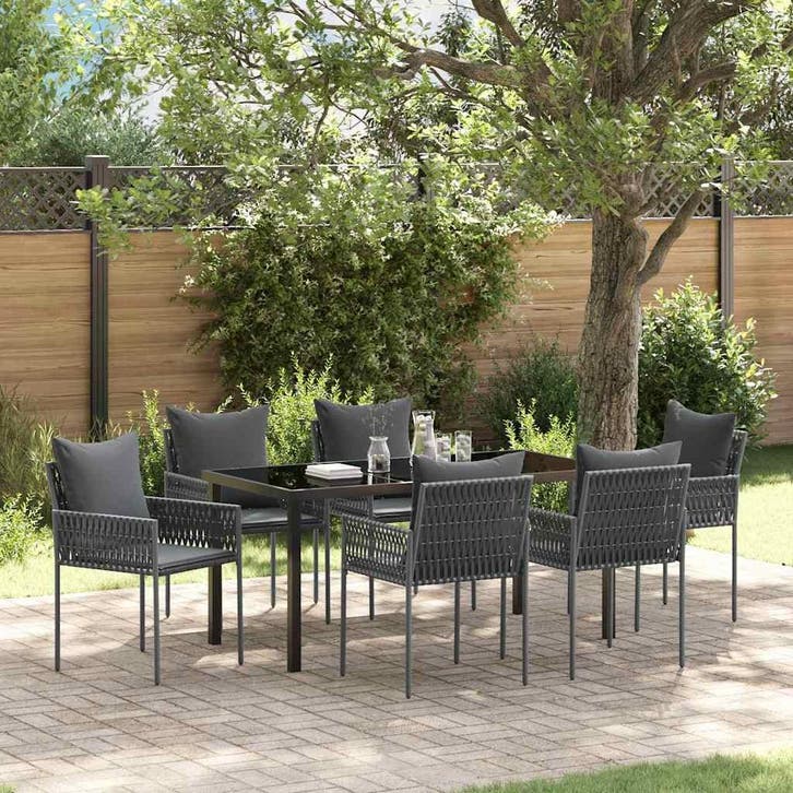 vidaXL Tuin Eettafel Set 7 pcs Zwart en Grijs PE Riet, Tuin en Terras, Tuinsets en Loungesets, Nieuw, Verzenden