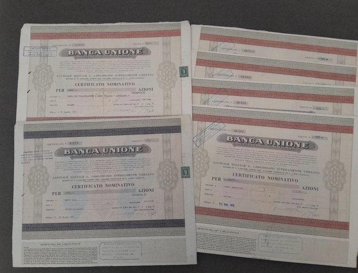 Italië. 124 Certificati Storici Banca Unione (6x100 Az. /, Antiquités & Art, Antiquités | Jouets