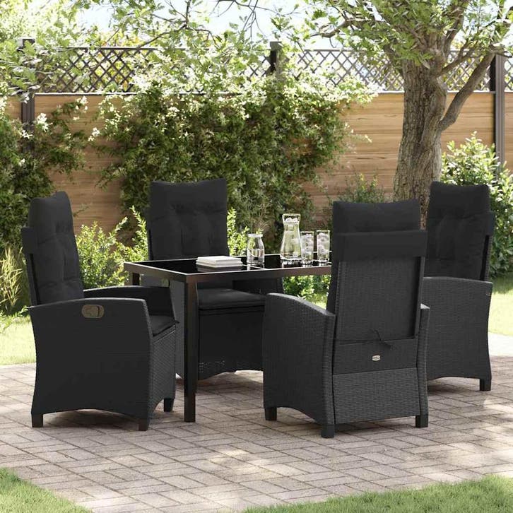 vidaXL Tuin Eettafel Set met kussen 5 pcs Zwart poly rattan, Tuin en Terras, Tuinsets en Loungesets, Nieuw, Verzenden