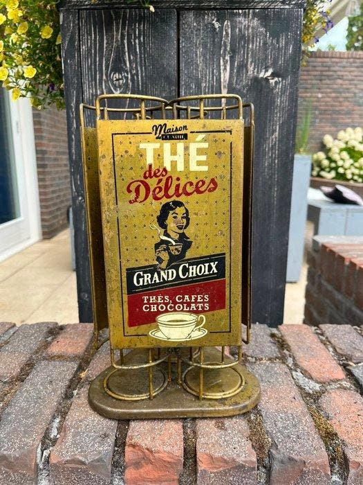 Vintage draaibare metalen reclamehouder – Thé, Café &, Antiek en Kunst, Antiek | Wandborden en Tegels
