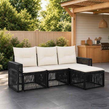 vidaXL Tuinbank Set 4 st Zwart en Crème Wit poly rattan, Verzenden, Nieuw