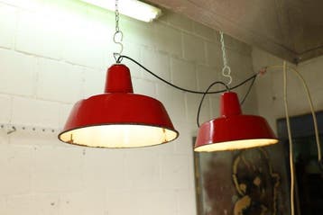 Plafondlamp - Staal, Emaille - Twee vintage industriële