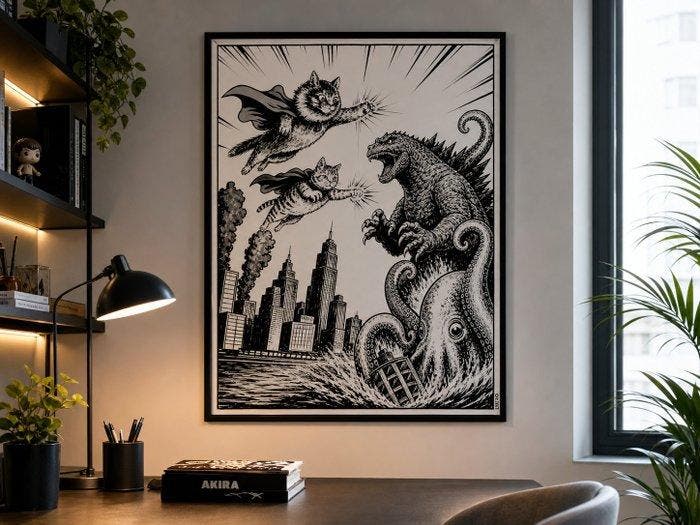 LIBERO5675 - Cats vs Monsters, Antiquités & Art, Art | Peinture | Moderne