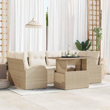 vidaXL Tuinbank Set 7 st Beige Poly Riet, Verzenden