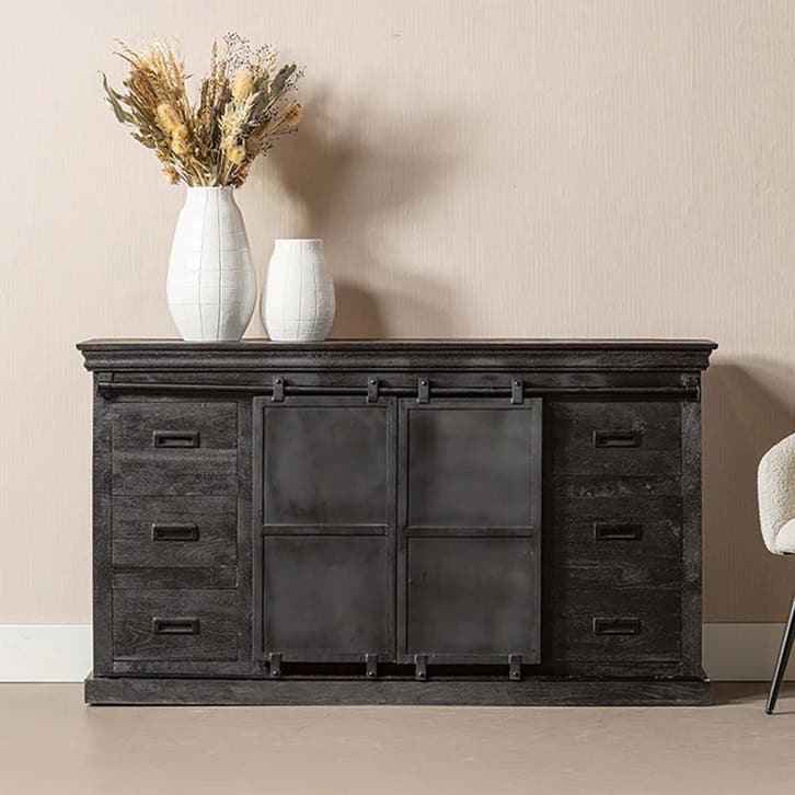 Dressoir Mangohout Milan 200 Zwart, Huis en Inrichting, Kasten | Dressoirs, Nieuw, Overige houtsoorten, Verzenden