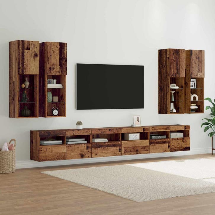 vidaXL Tv Wandkast Set Wandgemonteerd 7 pcs Oud Hout Bewerkt, Huis en Inrichting, Kasten |Televisiemeubels, Nieuw, Verzenden