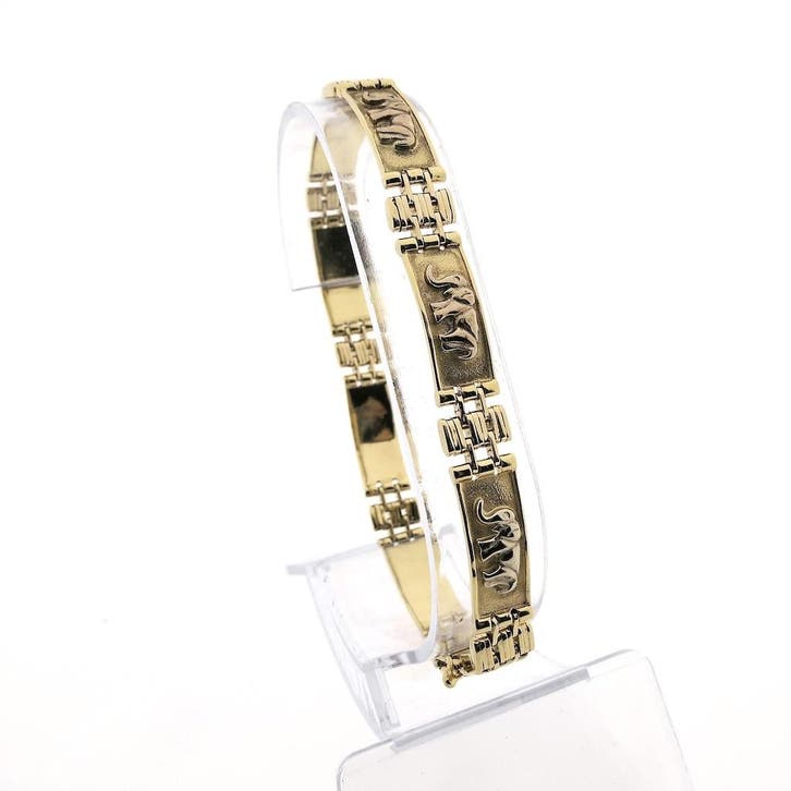 Bicolor gouden schakelarmband met olifanten, Handtassen en Accessoires, Armbanden, Goud, Gebruikt, Goud, Ophalen of Verzenden