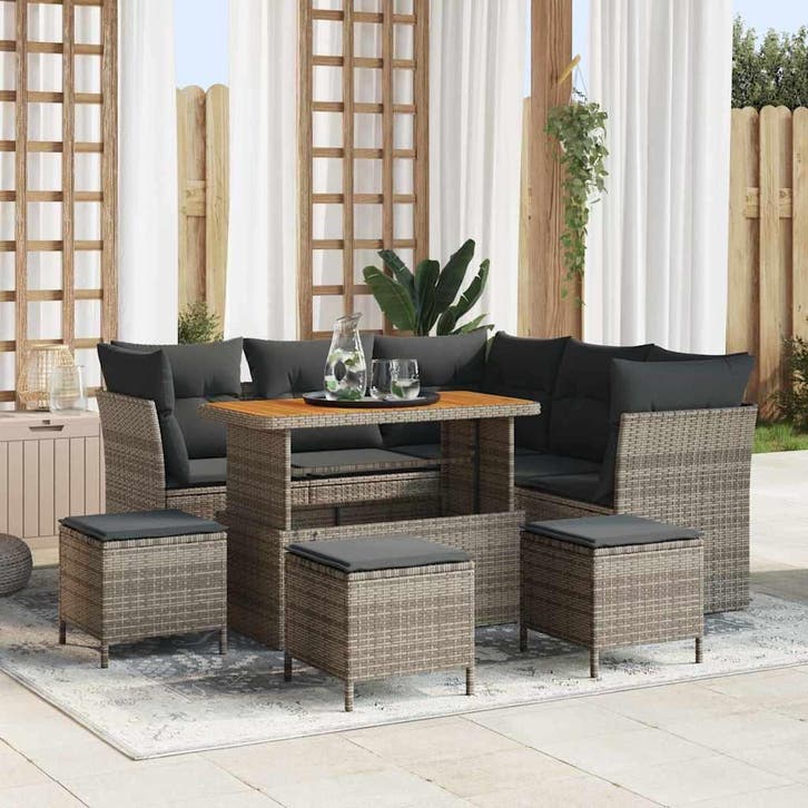 vidaXL Tuinbank Set 9 pcs Grijs Poly riet en gepoedercoat, Tuin en Terras, Tuinsets en Loungesets, Nieuw, Verzenden
