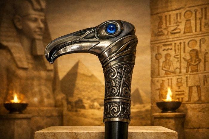 Sculpture, ***FALCON HEAD WALKING CANE – SilverTone, Antiquités & Art, Curiosités & Brocante