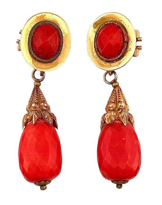 Oorbellen - 18 karaat Geel goud Bloedkoraal, Bijoux, Sacs & Beauté, Boucles d'oreilles