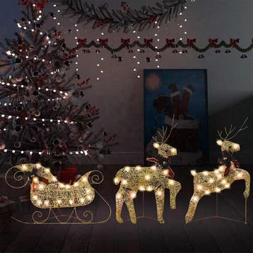 vidaXL Kerstdecoratie rendieren en slee 60 LEDs goudkleurig, Verzenden, Nieuw