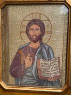 Icoon - Christus Pantokrator - Textiel, Hout, Glas -