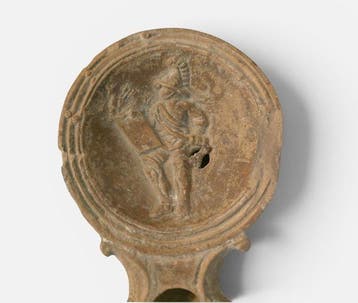 Oud-Romeins Terracotta-olielamp met Gladiator 9,60 cm.