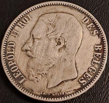 België. Leopold II. 5 Francs petite tête 1873 (Zonder