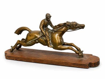 Figuur - Jockey et cheval au galop - 17 cm - Brons, Hout, Antiek en Kunst