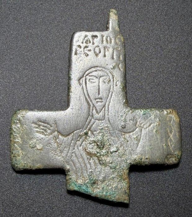 Byzantijns Brons Mooi fragment van een reliek-kruis met een, Antiek en Kunst, Antiek | Overige Antiek