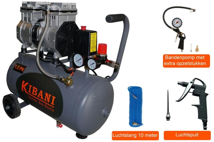 Kibani Super Stille Compressor 24 Liter + Luchtslang +, Bricolage & Construction, Compresseurs