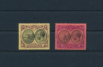 Dominique 1923 - König George, 3 shillings et 1 pound sur, Gestempeld