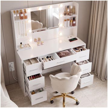 Make-uptafel Charlotte met ledverlichting en oplaadstation., Verzenden, Nieuw
