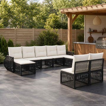vidaXL Tuinbank Set 9 st Zwart en Crème Wit poly rattan, Verzenden, Nieuw