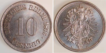 Duitsland 10 Pfennig 1876 A prfr/stgl, Top J 004, Verzenden
