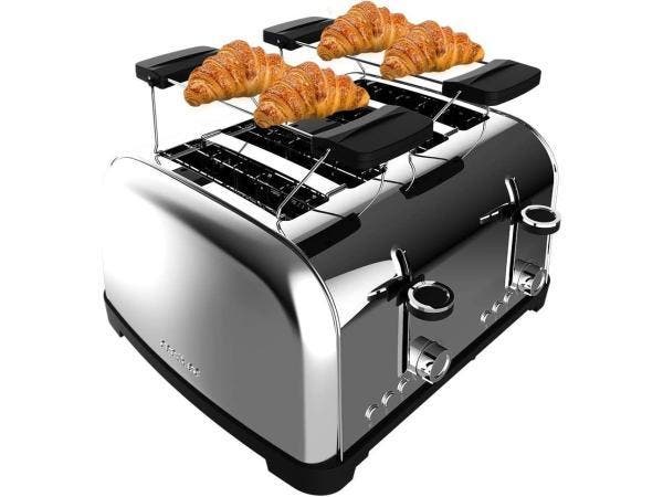 Cecotec Verticale broodrooster van roestvrij staal met lange sleuf Shine&Toast Extra. 1050W, capaciteit voor 2 sneden, brede sleuf van 3,8 cm, lichtring, 7 roosterstanden, bovenste stangen