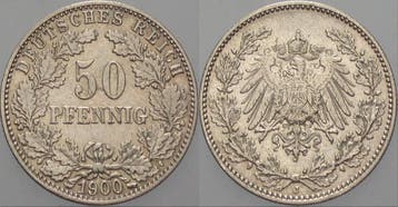 50 Pfennig 1900 J Kleinmunten-kaiserreich Grosser Adler, Verzenden, België