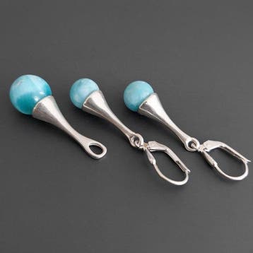 Larimar. Set met hanger en oorbellen. Ambachtelijke