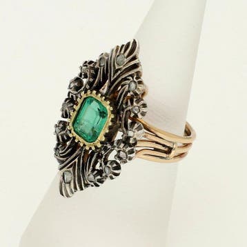 Bague - 14 carats Or jaune, Argent - Diamant - Émeraude., Bijoux, Sacs & Beauté