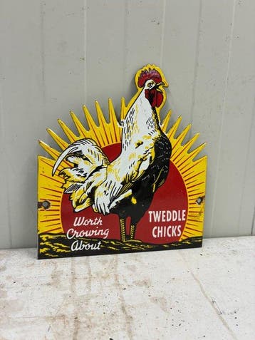 Vintage emaille reclamebord - Tweedle Chicks - haan -