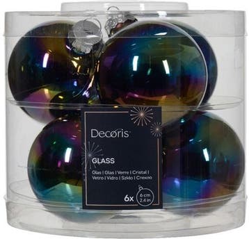 Kerstballen Glas Zwart Iris Shiny Glans 6 cm koker 6 stuks, Nieuw