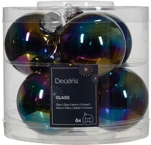Kerstballen Glas Zwart Iris Shiny Glans 6 cm koker 6 stuks, Huis en Inrichting, Woonaccessoires | Kunstplanten en Kunstbloemen