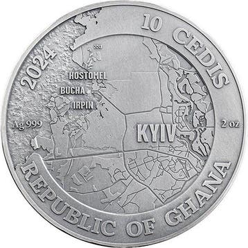 Ghana. 10 Cedis 2024 Battle of Kyiv 2 oz Antique finish