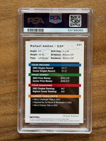 2003 Netpro Netpro Elite Rafael Nadal #E27 Graded card - PSA, Verzamelen, Nieuw