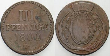 3 Pfennig 1800 C Sachsen-albertinische Linie Friedrich Au..., Verzenden