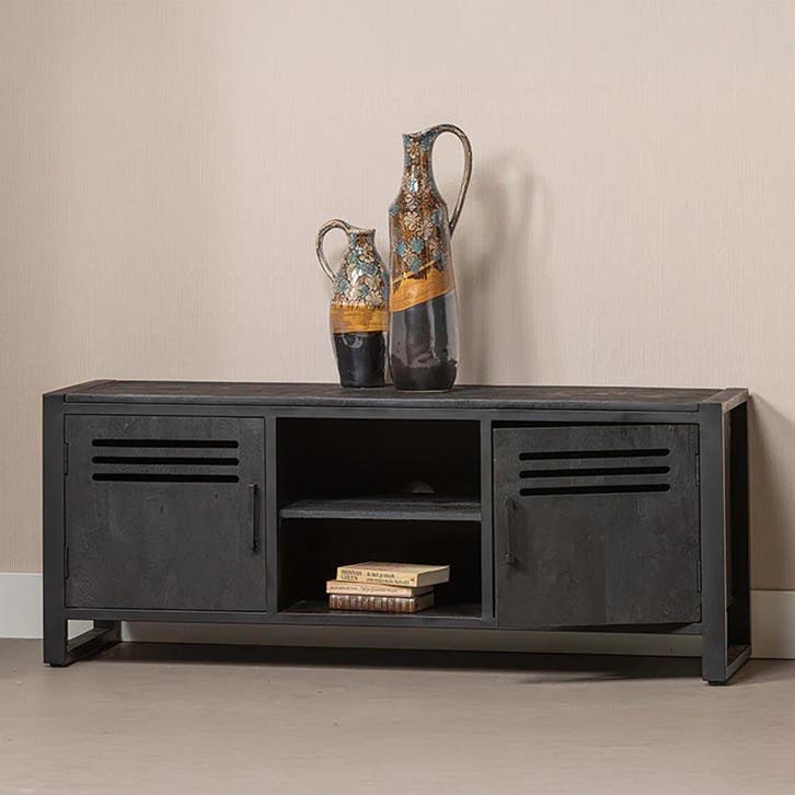 Tv-meubel Mangohout Tristan 150 Zwart, Huis en Inrichting, Kasten |Televisiemeubels, Nieuw, Overige houtsoorten, Verzenden