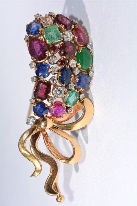 Broche - 18 carats Or jaune Diamant (Naturelle) - Saphir, Handtassen en Accessoires, Antieke sieraden