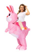 KIMU® Opblaas Kostuum Zittend Op Konijn Roze Opblaasbaar pak, Ophalen of Verzenden, Nieuw
