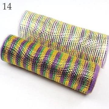 Decomesh metallic 14 paars geel groen strepen 26 cm rol 9, Nieuw