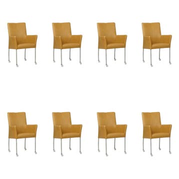 Set van 8 Leren eetkamerstoelen Comfort met wieltjes en, Ophalen of Verzenden