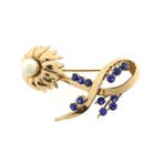 Vintage gouden broche met parel en saffieren, Gebruikt, Overige kleuren, Ophalen of Verzenden, Met edelsteen