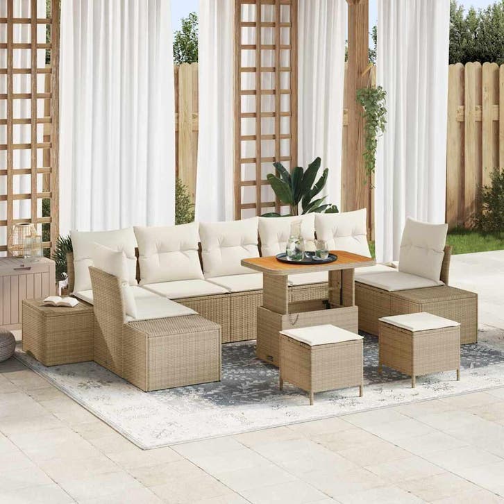 vidaXL Tuinbank Set met kussen 10 pcs Beige poly rattan, Tuin en Terras, Tuinsets en Loungesets, Nieuw, Verzenden
