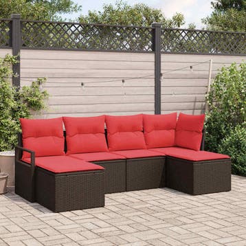 vidaXL Bankstel 6 st Bruin en Rood poly rattan, Verzenden