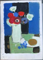 Yves Ganne (1931-2019) - Bouquet de fleurs sur fond bleu