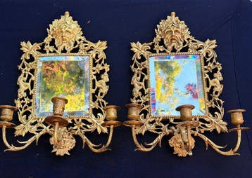 Kaars wandlamp - Spiegel van Drie Kandelaars - Brons -, Antiek en Kunst