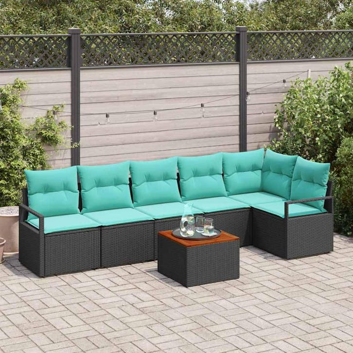 vidaXL Tuinbank Set met kussen 7 pcs Zwart poly rattan, Tuin en Terras, Tuinsets en Loungesets, Nieuw, Verzenden